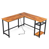 ZUN L-Shaped Desktop Computer Desk with Power Outlets & Shelf Tiger wood 19002762