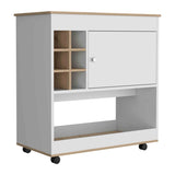 Lotus Bar Cart, Six Bottle Cubbies, One Cabinet, Four Casters, Light Oak / White B097133069