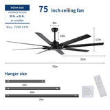 75 Inch Industrial DC Motor Ceiling Fan no light, Large Ceiling Fan with 8 Reversible Blades, 3 W2352P204416