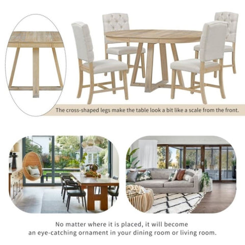 ZUN 5-Piece Retro Functional Set, Round Table with a 16"W Leaf and 4 Upholstered Chairs for 95277945