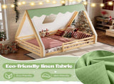 Full Size House Floor Bed with Tent and Light, Solid Wood Teepee Floor Bed with Full-length W1580P369468