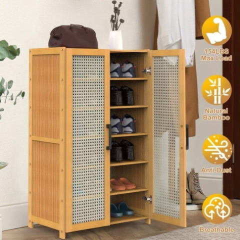 6-Tier Shoe Cabinet with Bamboo Shoe Rack Freestanding Shoe Organizer with 2 Hollow Doors and 57089527
