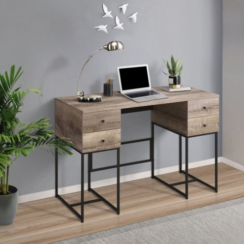 ZUN Rustic Oak and Black 4-drawer Writing Desk B062P184568