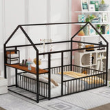 Full Size Metal Bed House Bed Frame with Desk, Shelves, Power Outlets and USB Ports, Black N737P173491B