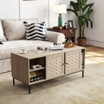 ZUN Elegant Veener Weaving Design Coffee Table with 4 Sliding Door, Wooden Center Rectangular Table with W2557P206923