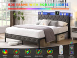 ZUN Queen Bed Frame Storage Headboard, Charging Station and LED Lights, Upholstered Platform Bed W1916124804