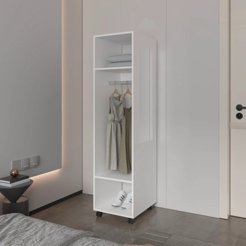 ZUN White 3-Shelf Wardrobe with Mirror and Open Storage B062P227646