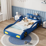 ZUN Wooden Race Car Bed,Car-Shaped Platform Twin Bed with Wheels For Teens,Blue & Yellow WF310553AAC