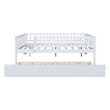 Full Size Wood Daybed with Trundle and Fence Guardrails, White WF301863AAK