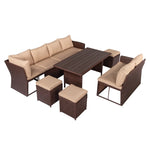 ZUN 8-Piece Set Outdoor Rattan Dining Table And Chair Brown Wood Grain Rattan Khaki Cushion Plastic Wood 17128185