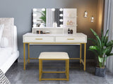 Large Vanity Set with 10 LED Bulbs, Makeup Table with Cushioned Stool, 3 Storage Shelves 2 Drawers, 09207854