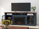 74 inch Fireplace TV Stand Console for TVs up to 85 inches, Minimal Assembly, Blue Denim and Whiskey B108P160234