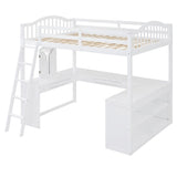 ZUN Full Wooden Loft Bed with U-shaped Desk,Storage Compartments and Tri-fold Mirror, White 71431452