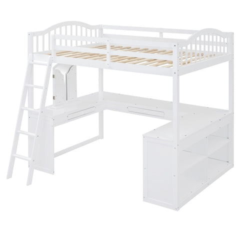 ZUN Full Wooden Loft Bed with U-shaped Desk,Storage Compartments and Tri-fold Mirror, White 71431452