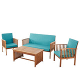 ZUN Outdoor Acacia Wood Sofa Set with Water Resistant Cushions, 4-Pcs Set, Brown Patina / Teal 59116.00T