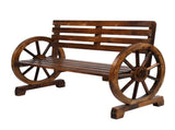 Rustic 2-Person Wooden Wagon Wheel Bench with Slatted Seat and Backrest, Brown 92221888