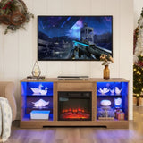 ZUN TV Stand Electric Fireplace TV Stand Glass Shelves, 3D Fireplace TV Stand LED Lights Wood W2275P257558