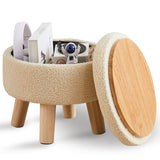 ZUN Storage Ottoman, Modern Round Footrest with Soft Padded Seat, Teddy Velvet Footstool with Wood Legs, 51999705