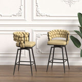28" Technical Leather Woven Bar Stool Set of 2,Black legs Barstools No Adjustable Kitchen Island W2189131687