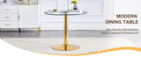A 35-inch diameter glass top and a modern, minimalist round dining table with gold metal legs. Ideal W1151P263755