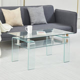 Rectangle Clear Glass Table, Modern Glass Table for Living Room, 2-Tier Storage Center W1718P153989