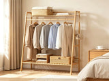 Natural Bamboo Clothing Rack, Multi-Layer Garment Organizer with Top & Bottom Storage Shelves, Side 02619483