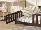 Full Size Floor Bed with Fence and Door,Rubber Wood Floor Bed with Safety Guardrails,Espresso W504P429302