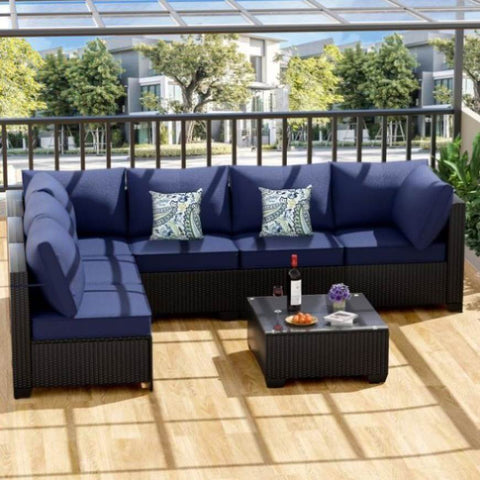 7 Piece Patio Furniture Set, All-Weather Wicker Outdoor Conversation Set with Sectional Sofa, Rattan 53911968