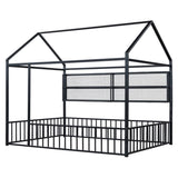 Full Size Metal Bed House Bed Frame with Fence and Shelves, Black N737P175361B