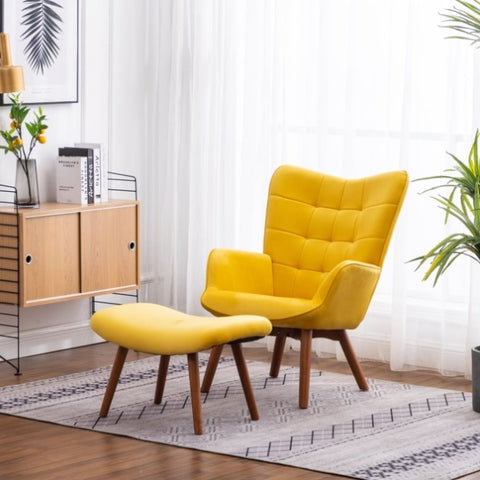 ZUN Leiria Contemporary Silky Velvet Tufted Accent Chair with Ottoman, Yellow T2574P164275