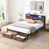 King Size Metal Platform Bed Frame with Wooden Headboard and with Footboard USB,Charging Station,2 W2297P236977