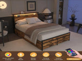 Queen Size Bed Frame with 8 Storage Drawers, LED Headboard with Charging Station, Metal Platform Bed W2129P269875