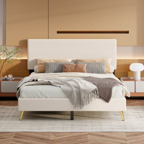 ZUN Queen Size Corduroy Upholstered Bed Frame, Platform Bed with Horizontal Stripe Headboard, No Box 84048071