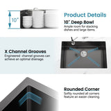 Kitchen Sink, 27x19 Single Bowl, Undermount Handmade Sink in Black, with US Standard Drain and 90694307