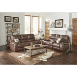 Achern Brown Leather-Air Nailhead Manual Reclining Sofa and Loveseat with Storage Console and USB T2574P198807