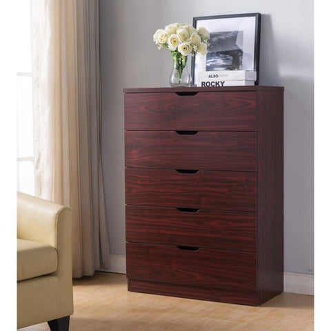 ZUN 5 Drawer Bedroom Dresser, Home Chest Cabinet with Cut-Out Handles, Mahogany B107131018