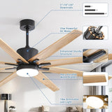 76 Inch Ceiling Fan with Lights Remote Control 8 Solid Wood Blades with 18W Dimmable LED Light W934P150062
