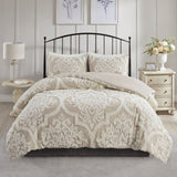 3 piece Tufted Cotton Chenille Damask Comforter Set Taupe King/Cal King B03597174