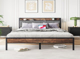 Queen Size Bed Frame, Storage Headboard with Charging Station, Solid and Stable, No Box Spring W840120029