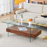 ZUN 43.3 Inch Modern Two-Tier Coffee Table - Clear Tempered Glass and Dark Wood Grain, Multifunctional W1151P232626