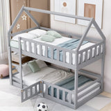 Twin over Twin House Bunk Bed with Fence and Door, Gray WF313047AAE