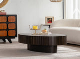 Oval Coffee Table Handcrafted Relief Sturdy Pedestal Wooden Olive-Shaped Tea Table for Living Room W3081P255079