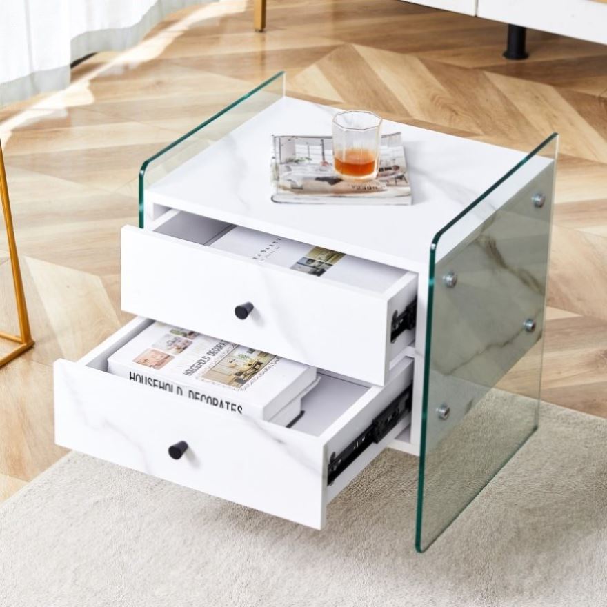Double-drawer bedside table. The board surface is MDF with white grain ...
