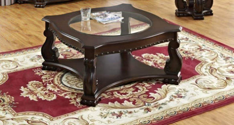 ZUN Glass Top Table Brown Base Lower Display Shelf Ornate and Sweeping Legs 1pc Formal Luxury B011P184052