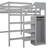 ZUN Full Size Loft Bed with Built-in Storage Wardrobe and Staircase, Gray 62610883