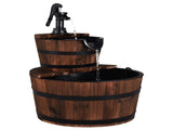 Rustic 2-Tier Barrel Water Fountain with Hand Pump, Wooden Fir Outdoor Fountain for Patio Garden 75022256