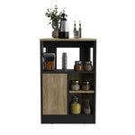 ZUN Kitchen Island 36" H, Three Open Side Storage Shelves and One Push-to-Open Cabinet, Black / Natural B097P221381