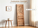 3 Panel Paulownia Wood Folding Room Divider, Tree Leaf Cutout Top & Louvered Lower Panel 43494743