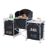 ZUN Aluminum Portable Camping Kitchen Fold-Up Cooking Table With Windscreen and 3 Enclosed Cupboards for 81814238