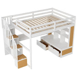 Full Size Loft Bed with Desk and Shelves, Two Built-in Drawers, Storage Staircase, White and Natural 04858801